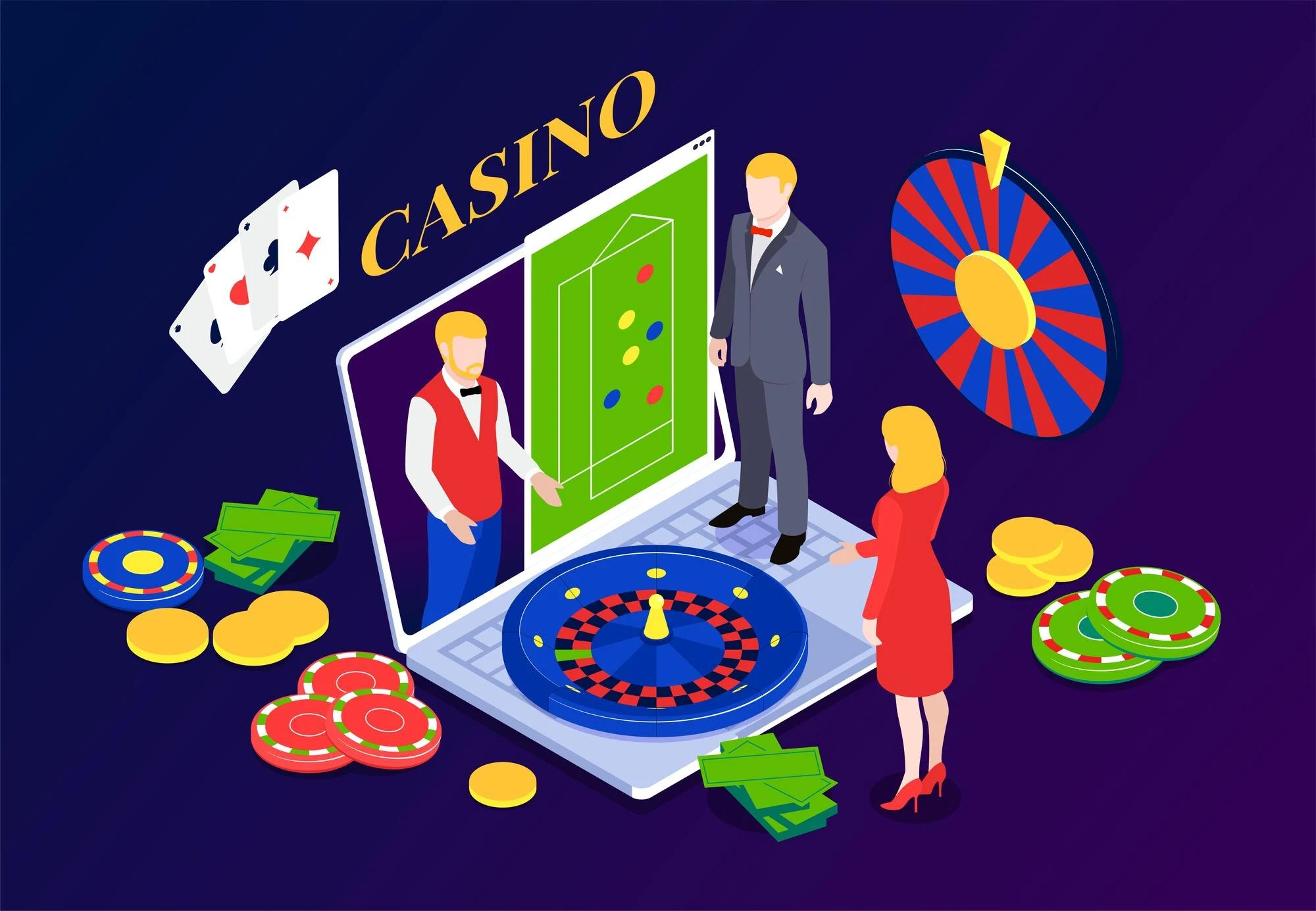 Isometrisk nettcasino med rulettbord, laptop og lykkehjul