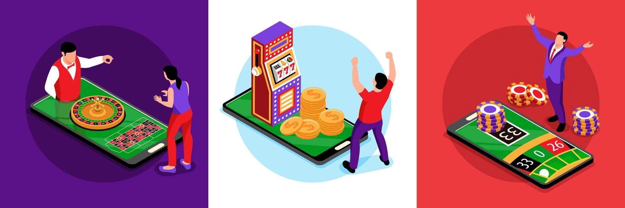 Illustrasjoner av rulett, spilleautomater og casinospill på nett