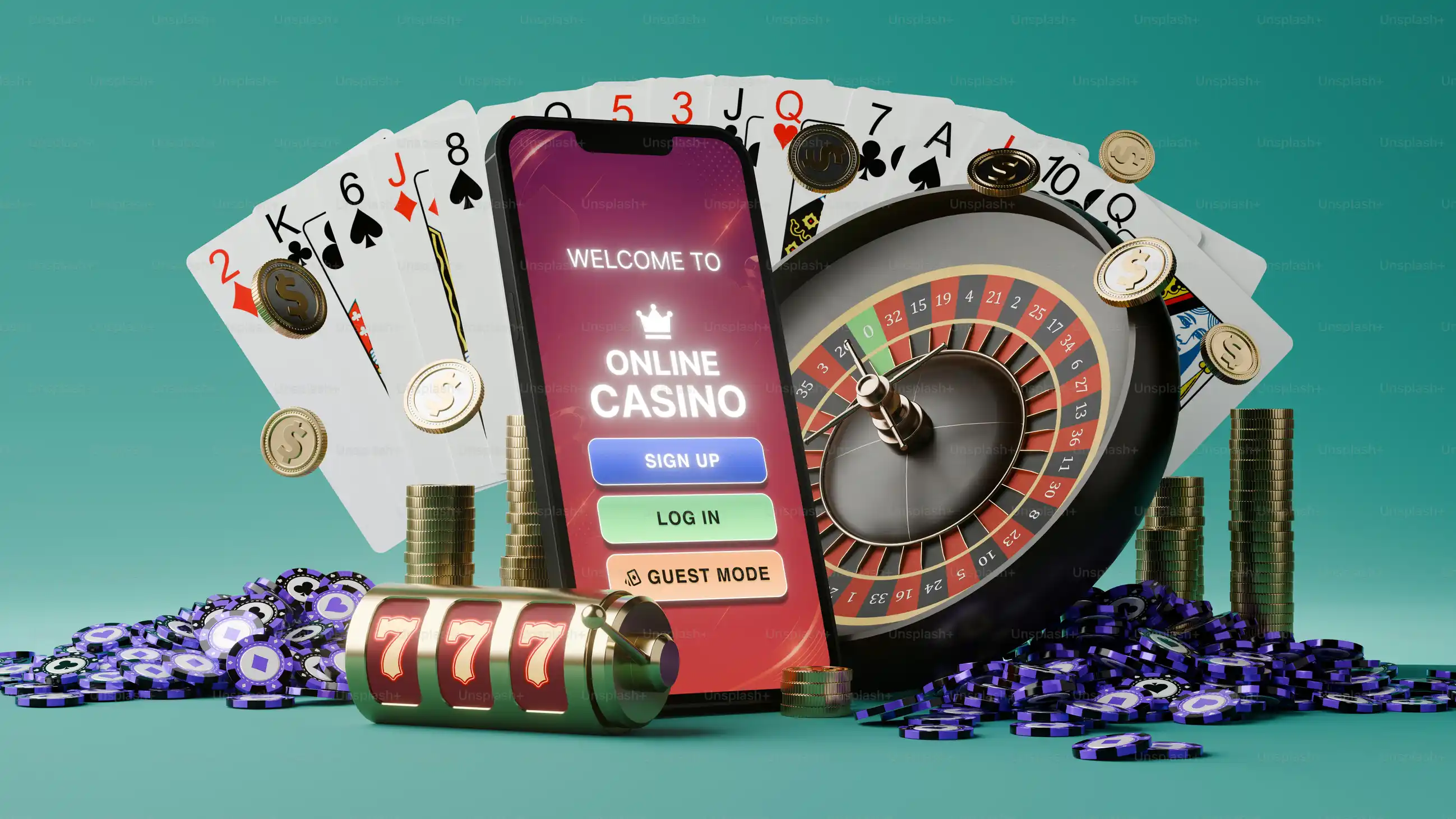 Nettcasino på mobil med rulett, spillekort og sjetonger
